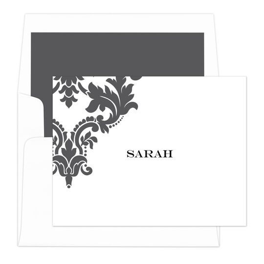 Grey Damask Scroll Foldover Note Cards